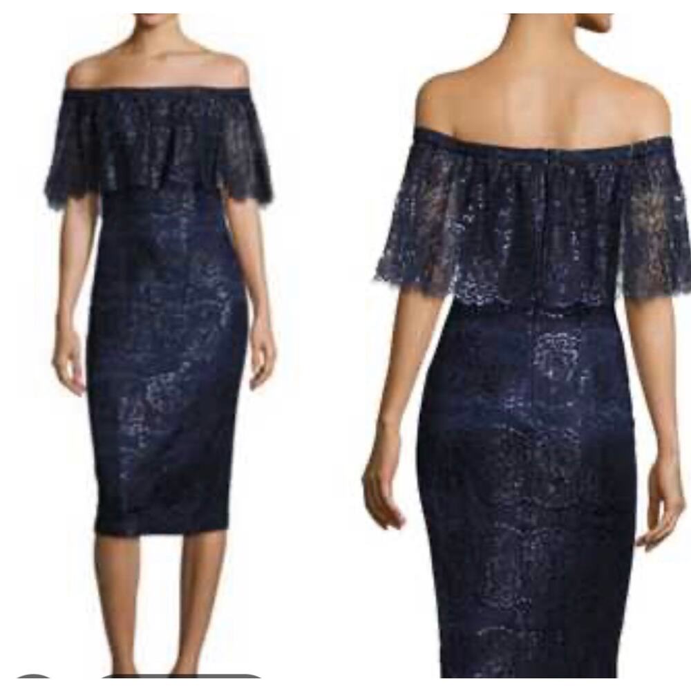 Theia Womens Lace Off The Shoulder Ruffle Knee Length Sheath Dress Blue Sz 8